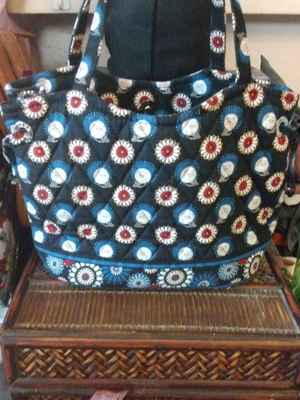 Vera Bradley Quilted Floral and Owl Tote - Black, Blue, White, Red